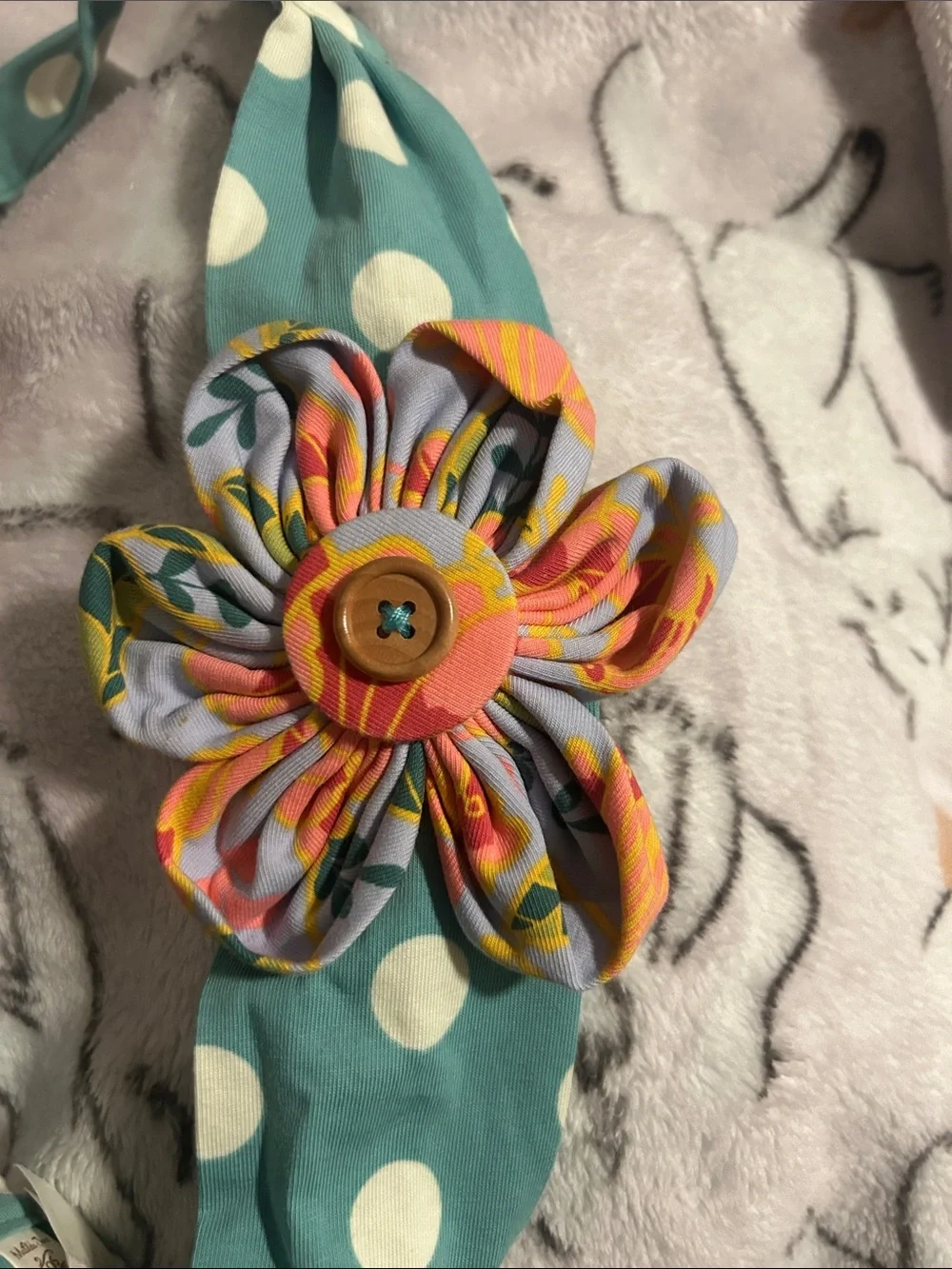 Matilda Jane….Polka Dot Teal Kids Headband with Floral Flower Accent